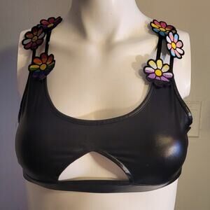 Body Rage rainbow flower faux leather cutout rave festival bra top pride S